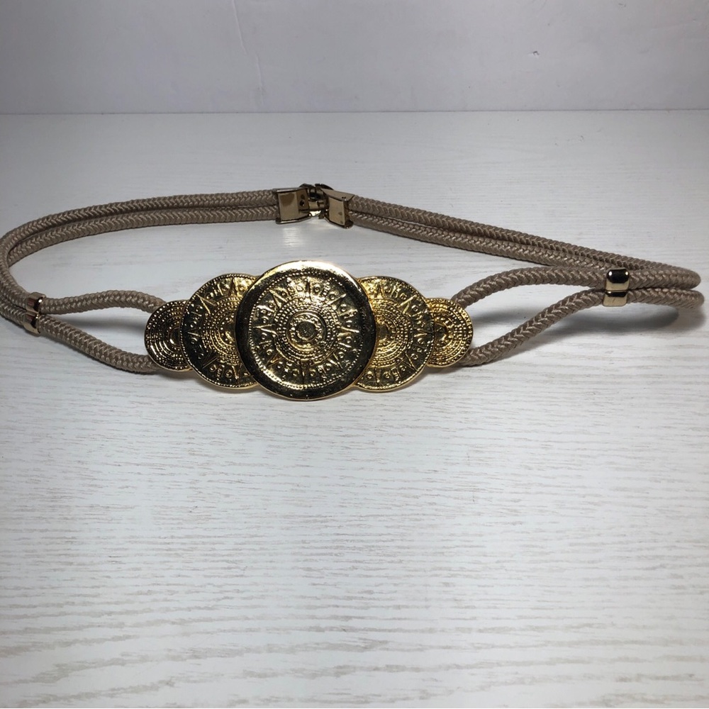 VTG 80s Gold Medallions Tan Rope Belt Statement Waist Hip boho